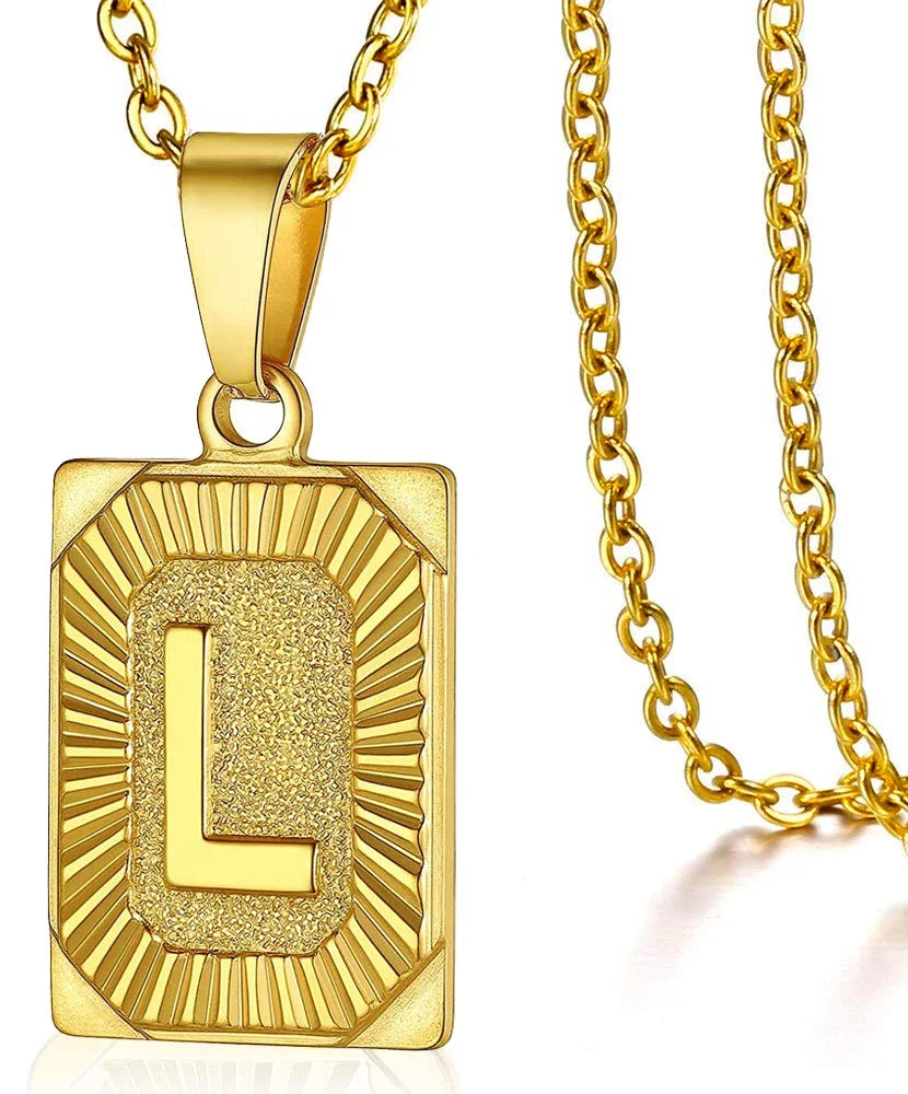 Initial Pendant Necklace for Women Simple Stainless Steel Cuba Link Charm Letter Square Necklace Men Jewelry Couple Gift