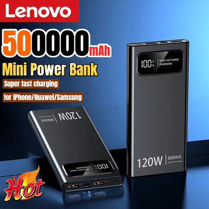 Lenovo 500000mAh Power Bank 120W High Capacity Digital Display Super Fast Charging Powerbank For iPhone Huawei Samsung 2026 New