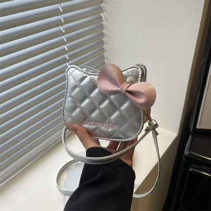 Lovely Cat Pattern Women Handbag Fashion Rhombus Grid Shoulder Bag Sweet Bowknot Crossbody Bag