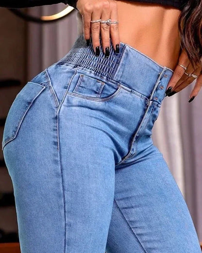Y2K Autumn winter Jeans Elegant High Waist Button Front Casual Female Jeans Sexy  Fashion Back Shirred Trouser Bottom