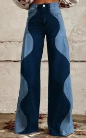Women's 3D Printed Flare Jeans-Polyester Wide Leg Pants with Distressed Vintage Look, High Waist Comfort Fit for Street Fashion