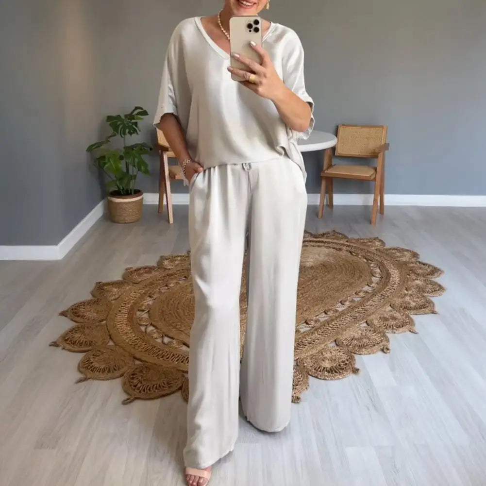 Summer Short-sleeved T-shirt Two-piece Set For Women V-neck Top Pullover Wide-leg Pants Suit For Women Spring Loose Satin Suit
