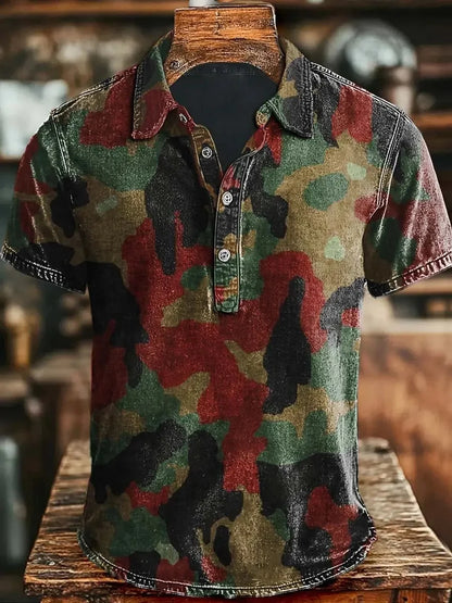New American Retro Military Style Short Sleeved Polo Shirt with Red, Green, Black Camouflage Printed Casual Shirt