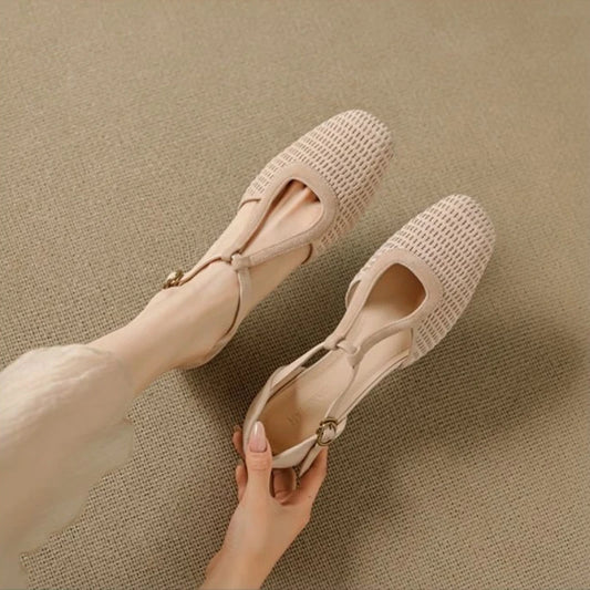 Woven T-Strap Mary Janes Women Vintage Cut Out Low Block Heel Comfort Walking Shoes French Minimalist Matte Finish Summer Loafer