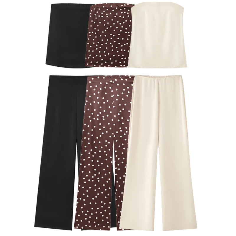 HXAO Satin Pant Sets Women's Two Pieces Set Strapless Off Shoulder Tube Vest 2 Piece Sets Woman Outfit High Waist Trousers Sets