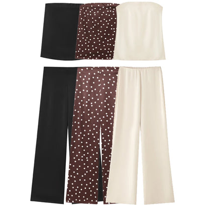 HXAO Satin Pant Sets Women's Two Pieces Set Strapless Off Shoulder Tube Vest 2 Piece Sets Woman Outfit High Waist Trousers Sets