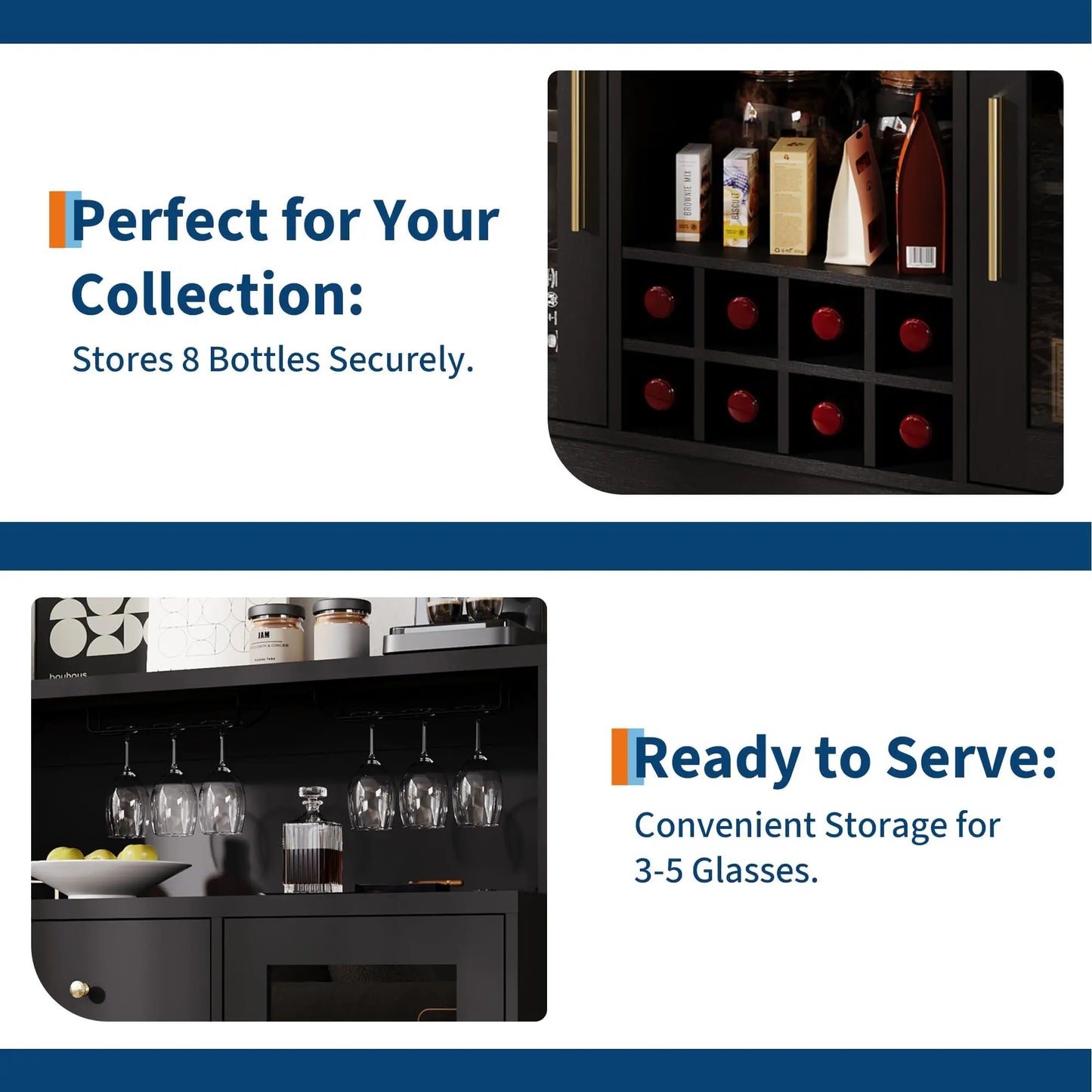 47" LED Wine Bar Cabinet With Glass Doors, 8 Bottle Rack, 15 Glass Holder, Drawers & Charging Station For Dining Room Kitchen