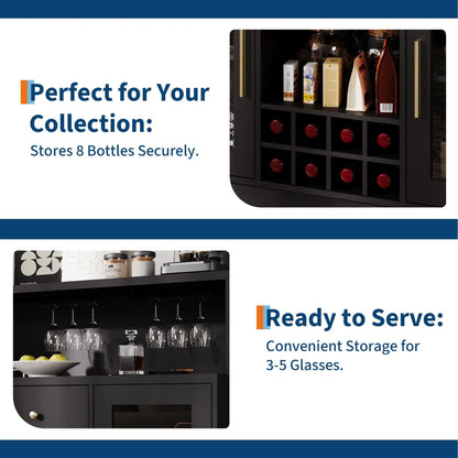 47" LED Wine Bar Cabinet With Glass Doors, 8 Bottle Rack, 15 Glass Holder, Drawers & Charging Station For Dining Room Kitchen