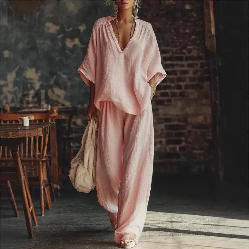 Women's Fashion Simple Casual White Two Piece Sets Spring Summer V Neck Short Sleeve Loose Top & Wide Leg Pants Vacation Set