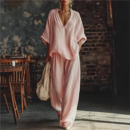 Women's Fashion Simple Casual White Two Piece Sets Spring Summer V Neck Short Sleeve Loose Top & Wide Leg Pants Vacation Set