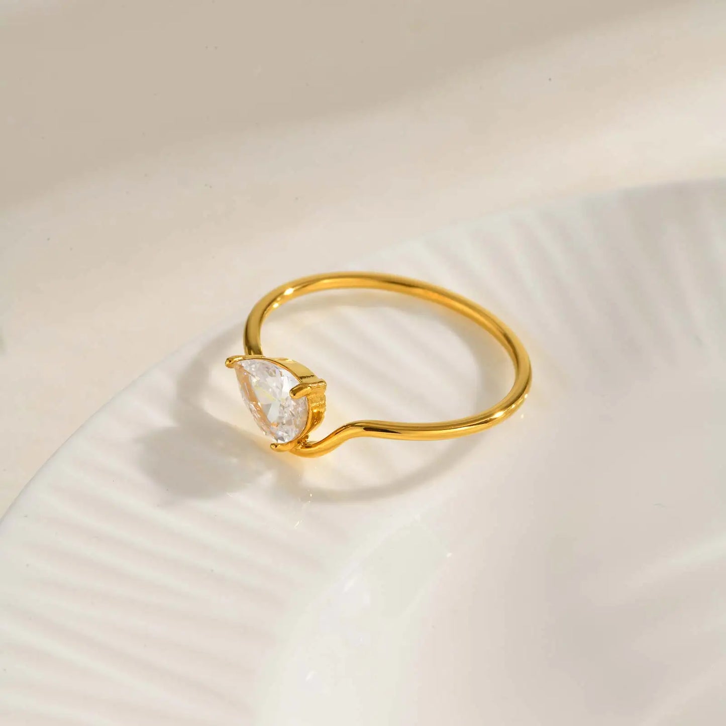 Minimalist Water Drop White Zircon Women Ring, Wave Drop Stainless Steel Ring, 18K Gold Plated Waterproof Luxury Jewelry