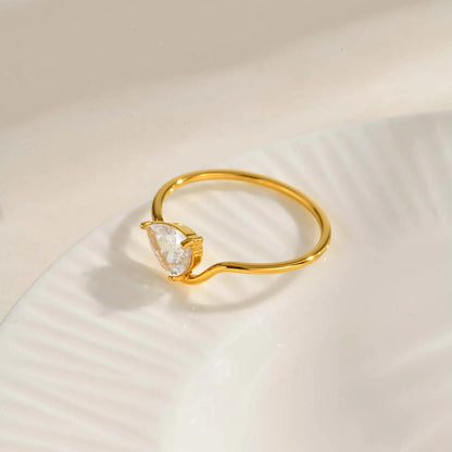 Minimalist Water Drop White Zircon Women Ring, Wave Drop Stainless Steel Ring, 18K Gold Plated Waterproof Luxury Jewelry