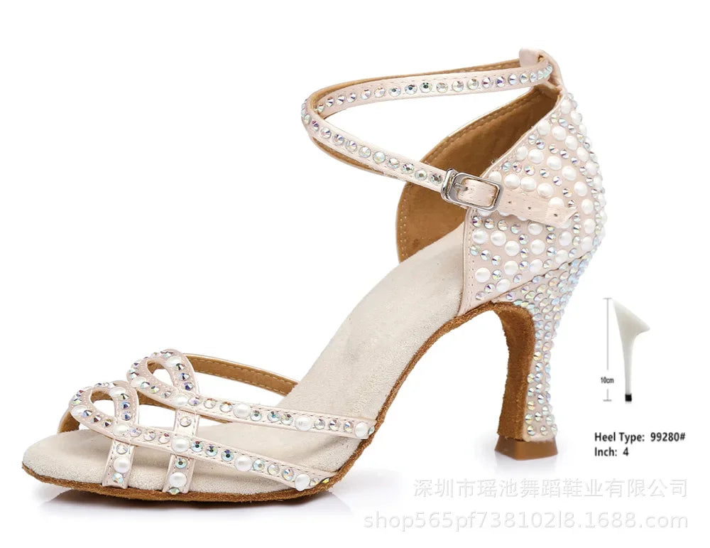 2026 New Pearl Inlaid Latin Cha Heels Modern Jazz Dance Salsa Dance Shoes Square Ballroom Dance International Dance Shoes