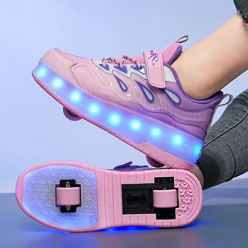 Children LED Flashing Luminous Two Wheels Roller Skate Shoes Kids Boys Girls Glowing Sport Sneaker Skateboard USB Charging Shoes