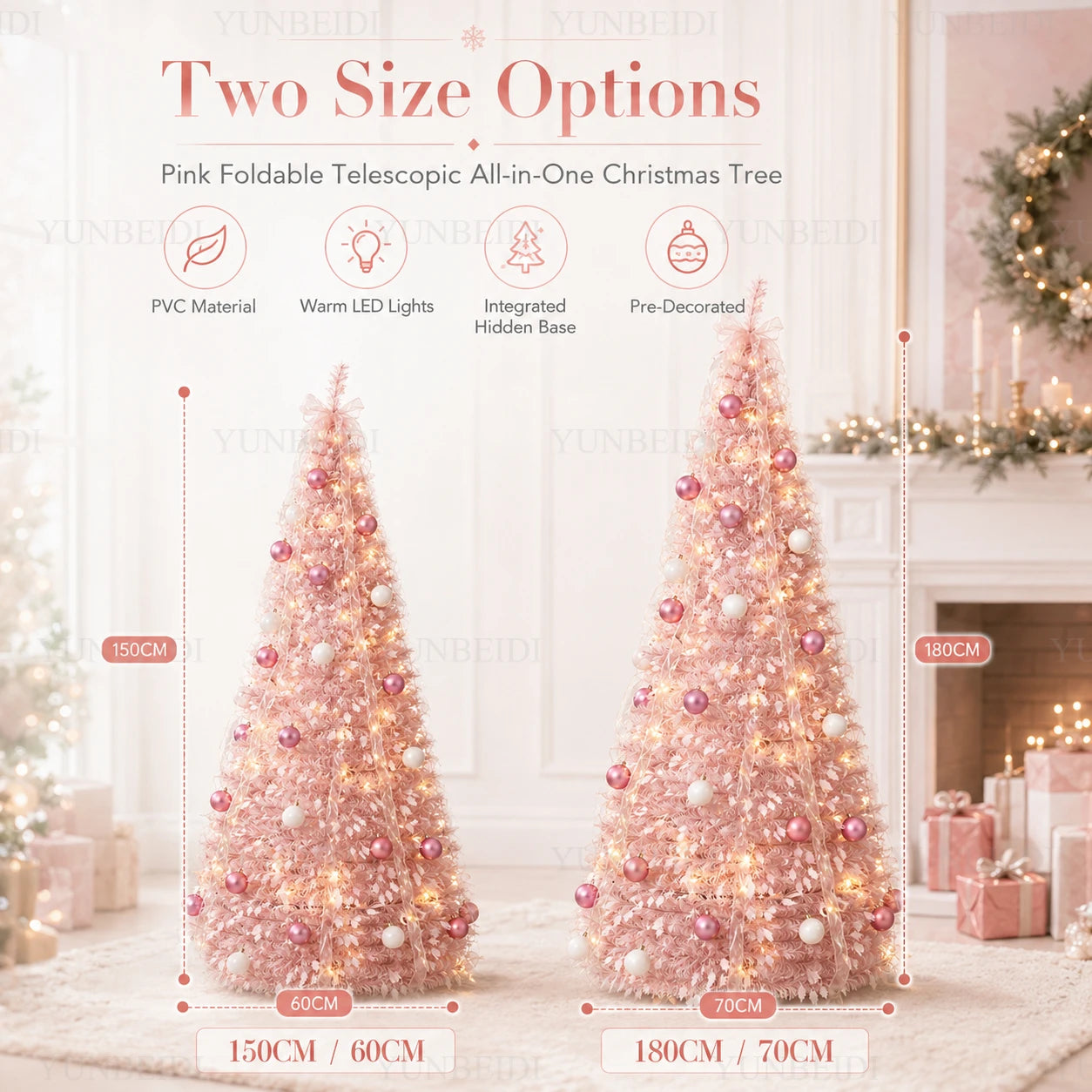 Pink Integrated Foldable Christmas Tree with Ornaments LED Lights High-end Christmas Tree 1.5M/1.8M Family Christmas Decorations