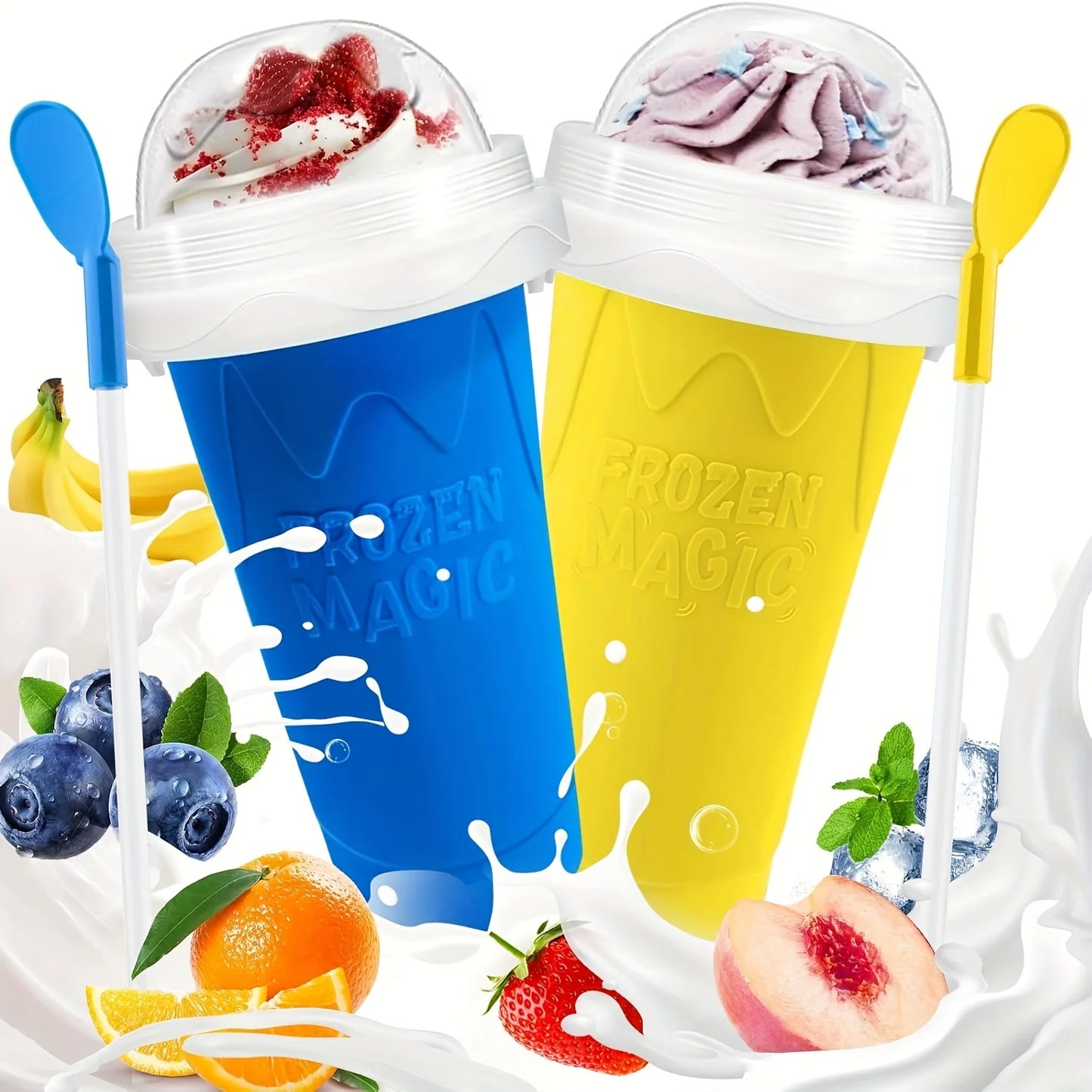 Slushie Maker Cup, DIY Magic Frozen Smoothies Cups For Homemade Milk Shake Ice Cream Maker, Cooling Cups, Double Layer Squeeze Slushy Maker Cup, Frozen Magic Squeeze Cups With Lid & Straw For Juice Milk Yogurt Smoothie, Fun S