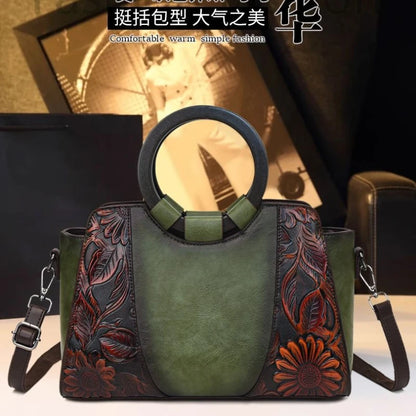 2026 New Vintage Chinese Leather Carved Leather Handbag Women Embossed Versatile Cheongsam One-shoulder Crossbody Mother Bag