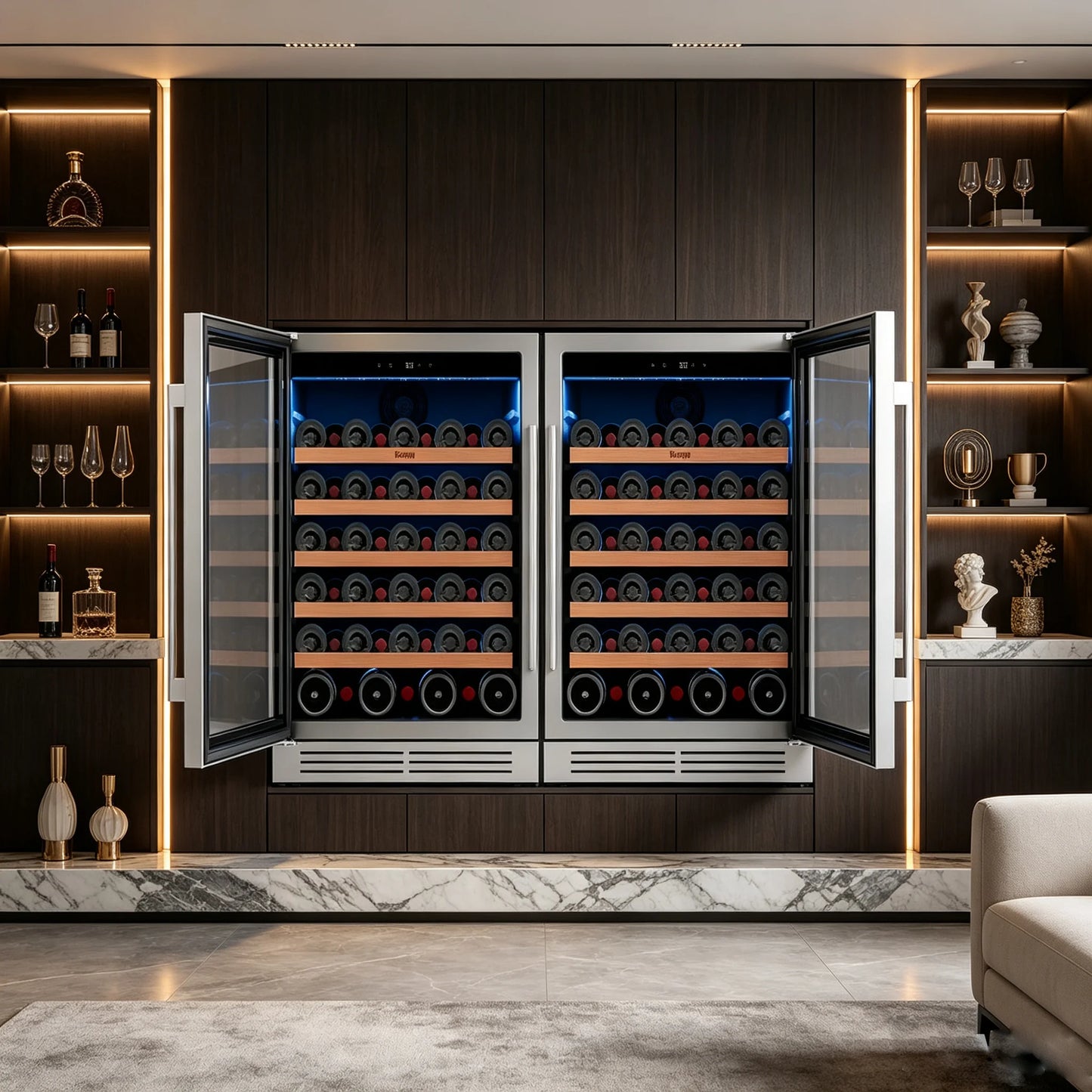 52 bottles wine cooler 5.12 Cu.ft compressor air cooling single temperature zone wine mini fridge With blue light ＆ door lock ＆ automatic defrosting