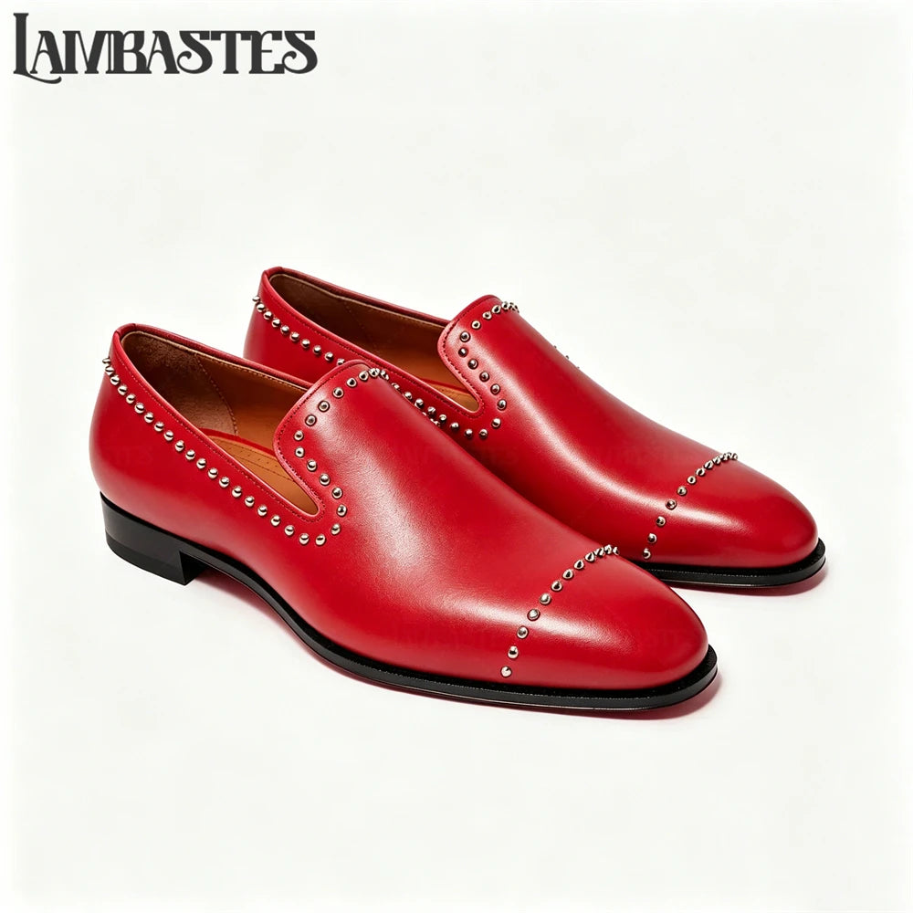 Trimmed Studded Leather Mens Loafers Metal Rivet Slip on Shoes Polished PU Leather Men's Formal Dress Shoes Customizable Colors