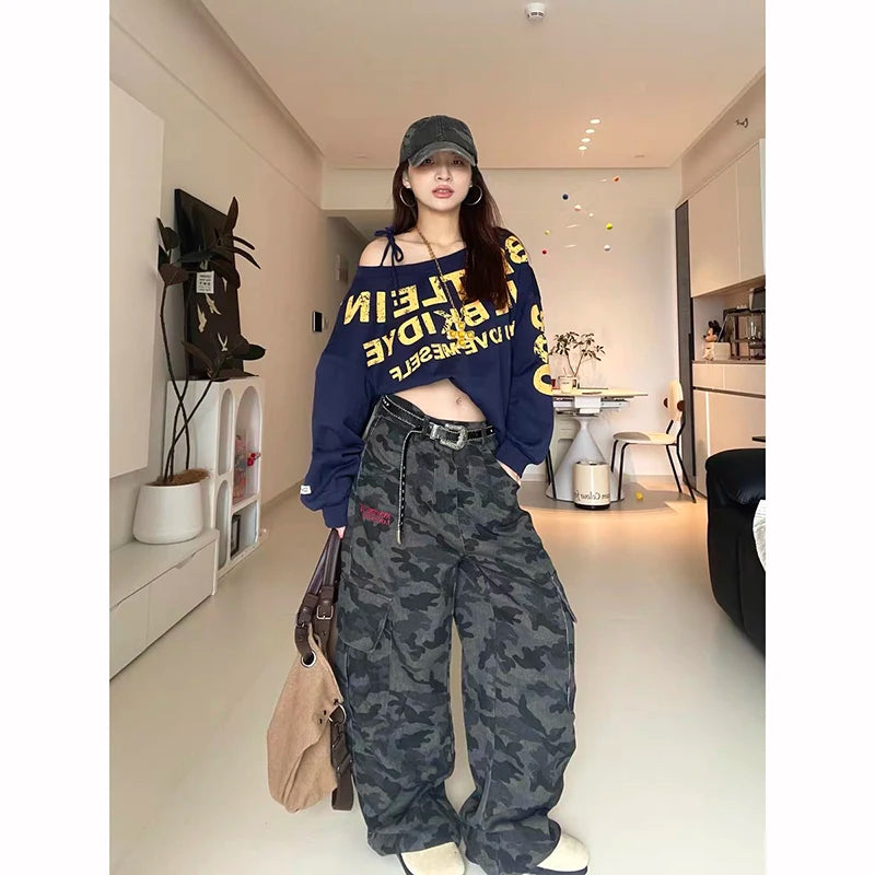 ZHIZOU Autumn Camouflage Baggy Cargo Pants Women High Rise Trousers Straight Wide Leg Oversize Pants Aesthetics Vintage Y2K jean