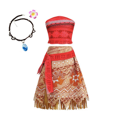 New Movie Moana 2 Dress for Girls Adventure Costume Girl Princess Fancy Clothes Children Vaiana Carnival Party Necklace Pig Set
