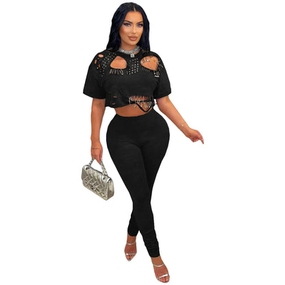 Women's Fashion White Two Piece Set Solid Loose Round Neck Piercing Pin Short T-shirt Pants 2026 Spring/Summer Set Red Black