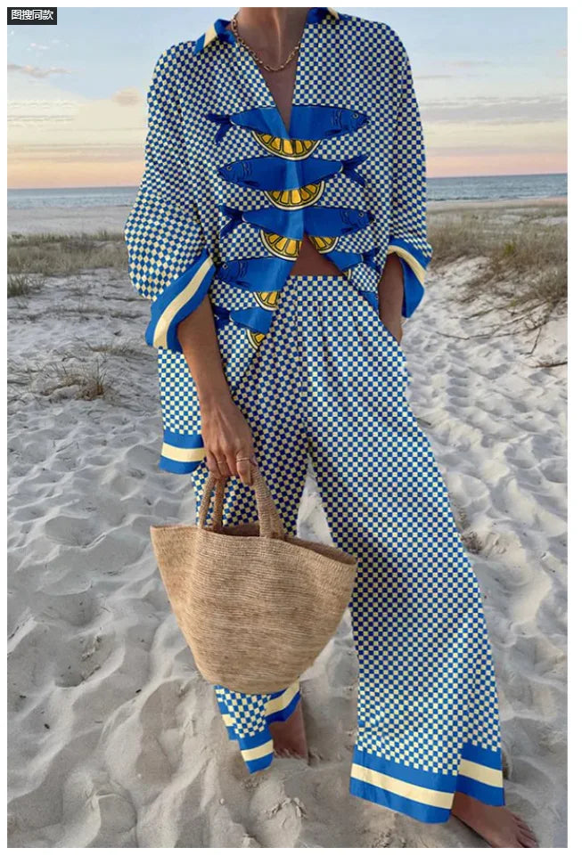 Fashion Print Beach Holiday 2-Piece Set Women Spring Summer Long Sleeve Shirt Top + Wide Legs Women's Oversized Two-Piece Outfit