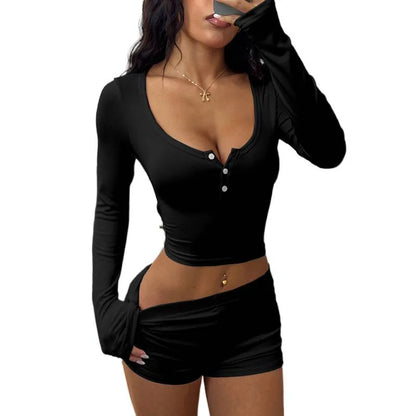 Sexy Women's Sports Suit Slim Fashion Solid Color Hot Girl Style Clothing Long-sleeved Knitted T-shirt Top Shorts Two-piece Set