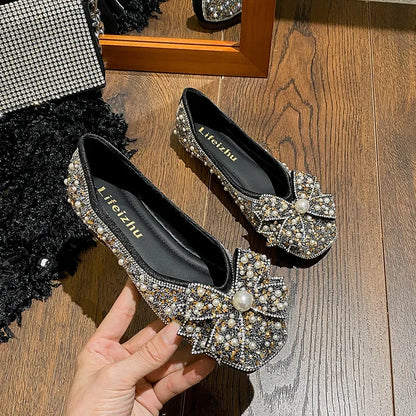 Plus Size 35-43 Women Shoes Flat Heel Wedding Party Shoes Square Toe Office Lady Shoes Pearls Crystal Diamonds Decoration
