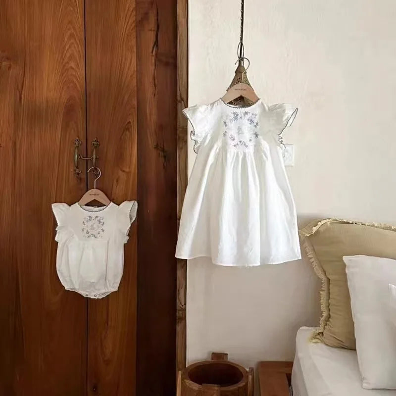 HY23086 Summer Baby Cotton Short-Sleeve Bubble Onesie Padded Pantsuit with Embroidery Fly Sleeve Romper for Crawling Baby