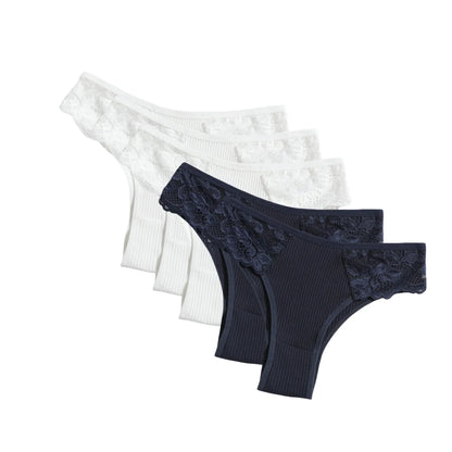 5Pcs/Set Women Cotton Panties Floral Lace Side Panel Low Rise Rib Briefs Low Cut Underwear Comfort Sexy Lingerie Daily Bikini