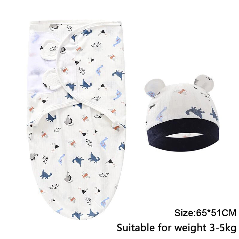 Baby Blanket Hat Set Cartoon Printed Cotton Newborn Swaddle Adjustable