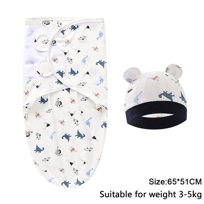 Baby Blanket Hat Set Cartoon Printed Cotton Newborn Swaddle Adjustable Infant Sleeping Swaddle Wraps All Seasons 0-6 Months