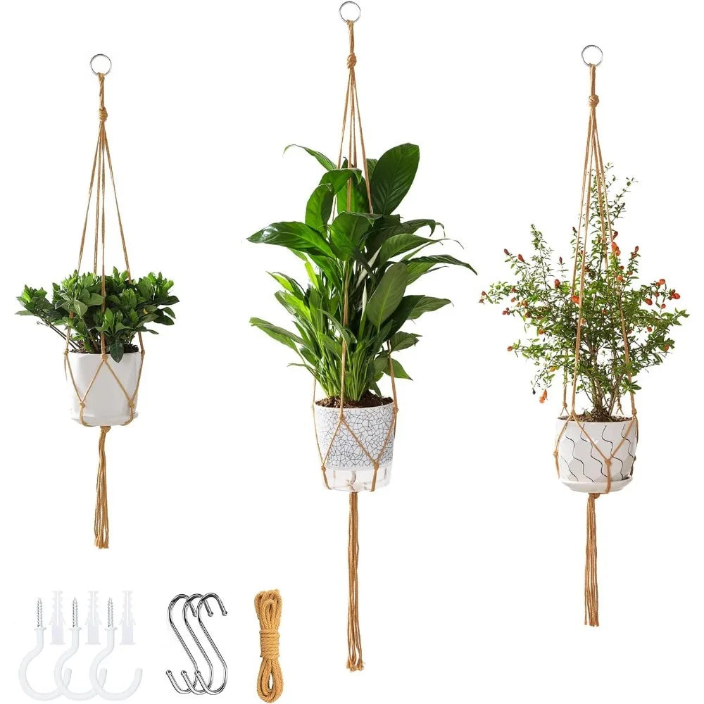 3‑Pack Macrame Plant Hangers, Bohemian Cotton Hanging Plant Holders with Complete Mounting Hardware for Indoor Outdoor Decor