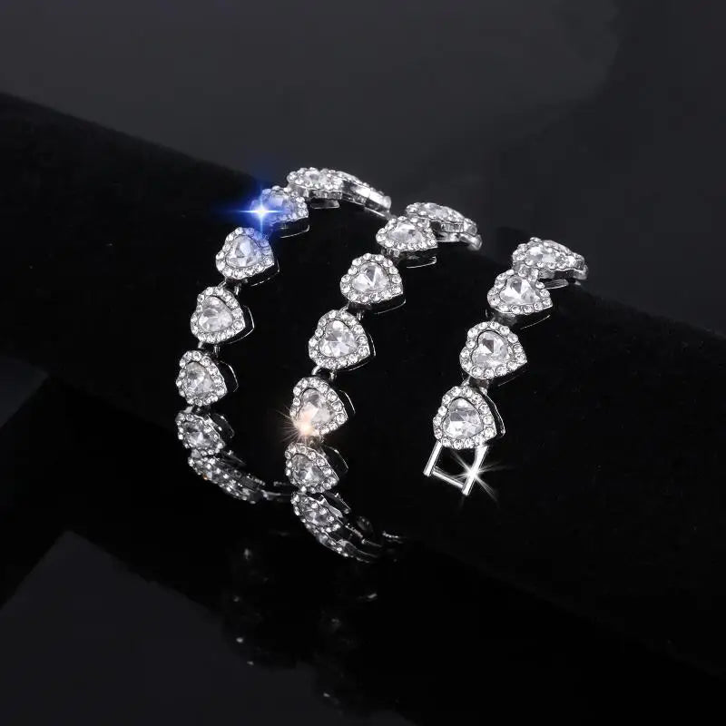 45CM New Hip Hop Tennis Chain Bracelet Necklace Shiny Heart Rhinestone