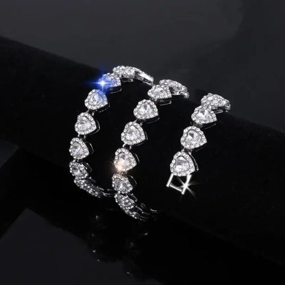 45CM New Hip Hop Tennis Chain Bracelet Necklace Shiny Heart Rhinestone