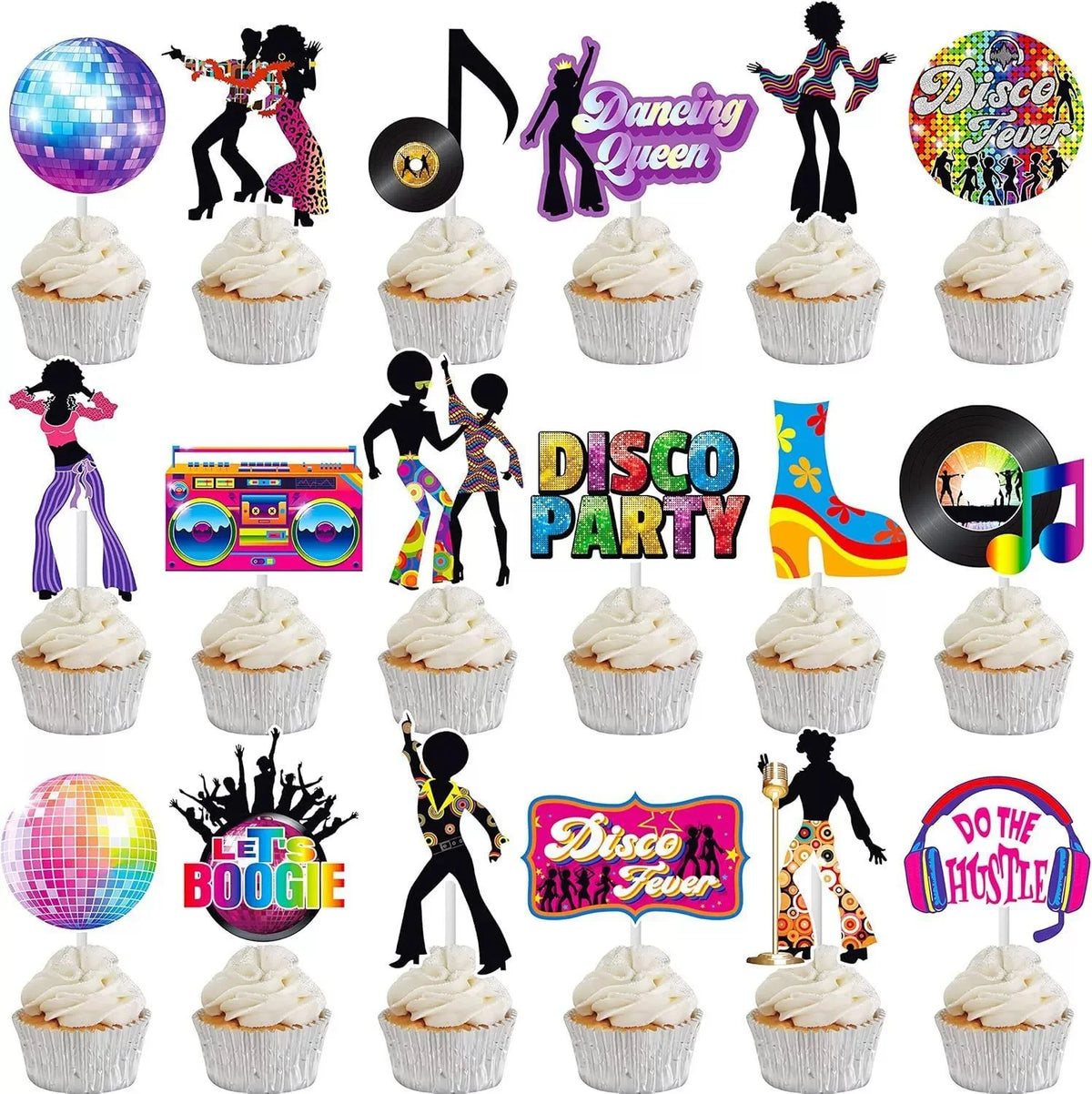 36PCS Retro Roller Skate Disco Party Ball Cake Toppers - 80s 90s Hip Hop Skating Theme Party Decor for Birthday Supply