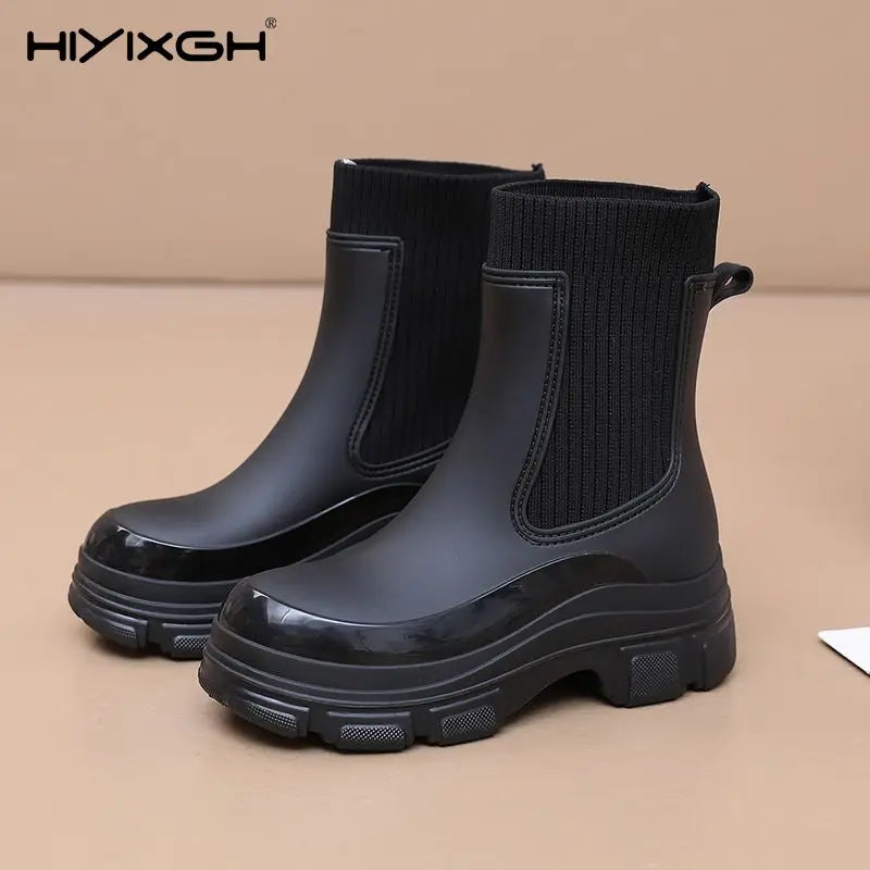 Women’s All-Season Black Durable Work Rain Boots, Waterproof Anti-Slip Platform Sole, Korean-Style Outdoor Fashion Boots