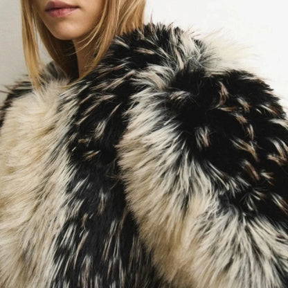 Women Black & Beige Two-Tone Fur Fluffy Cropped Jacket, Open Front Collarless Side Pockets, Winter Warm Casual Street Outerwear