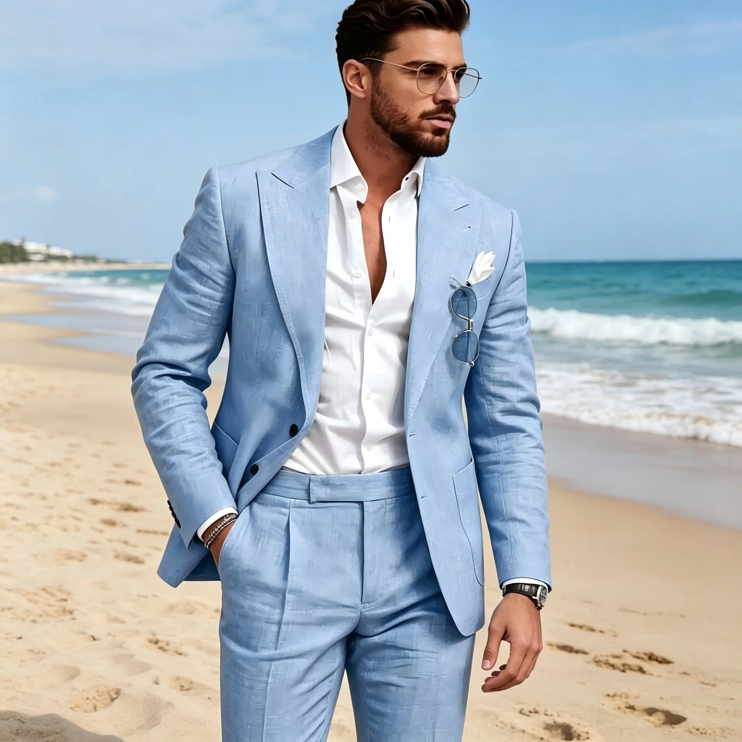 2 Pieces Beige Linen Men Suits Peaked Lapel Slim Fit Blazer Pants High Quality Elegant Summer Wedding Prom Suits Men Clothes