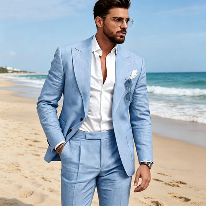 2 Pieces Beige Linen Men Suits Peaked Lapel Slim Fit Blazer Pants High Quality Elegant Summer Wedding Prom Suits Men Clothes