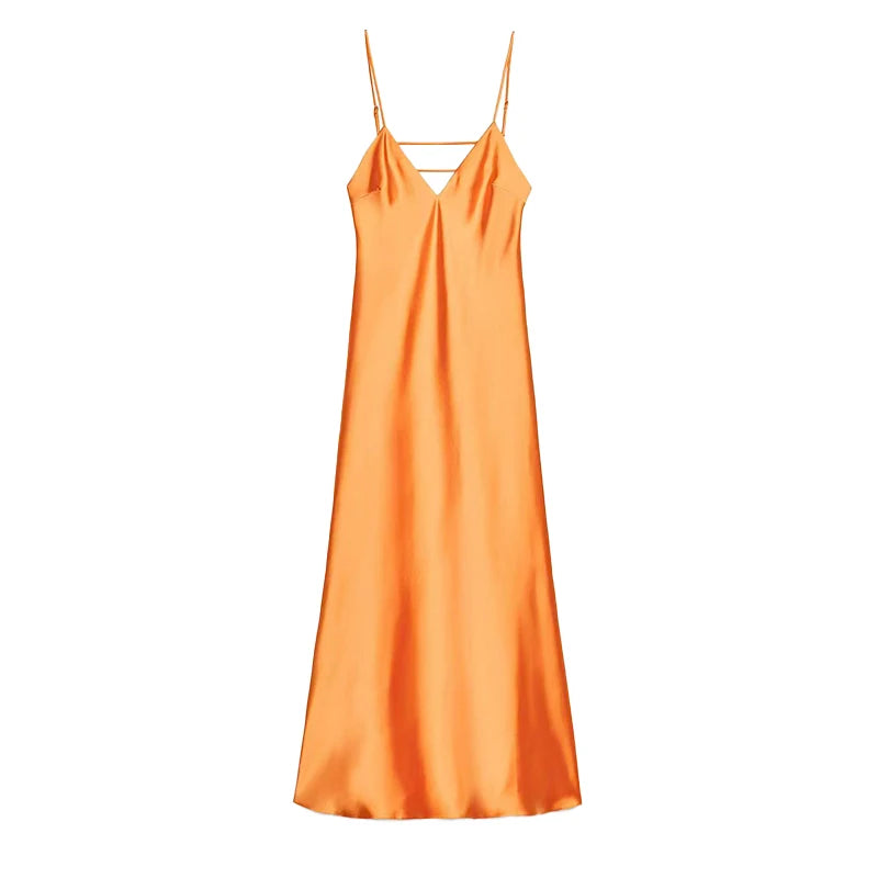 Solid Color Satin Bustier Women Maxi Dress Fashion Yellow Spaghetti Strap V Neck Waist-cinching Dresses 2026 New Party Vestidos
