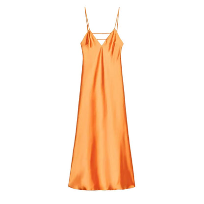 Solid Color Satin Bustier Women Maxi Dress Fashion Yellow Spaghetti Strap V Neck Waist-cinching Dresses 2026 New Party Vestidos