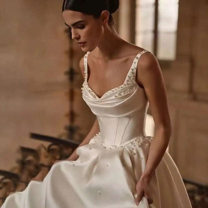 Pearls A-Line Wedding Dresses Straps Sweetheart Long Train Bridal Gowns Lace Up Back Customized 2025