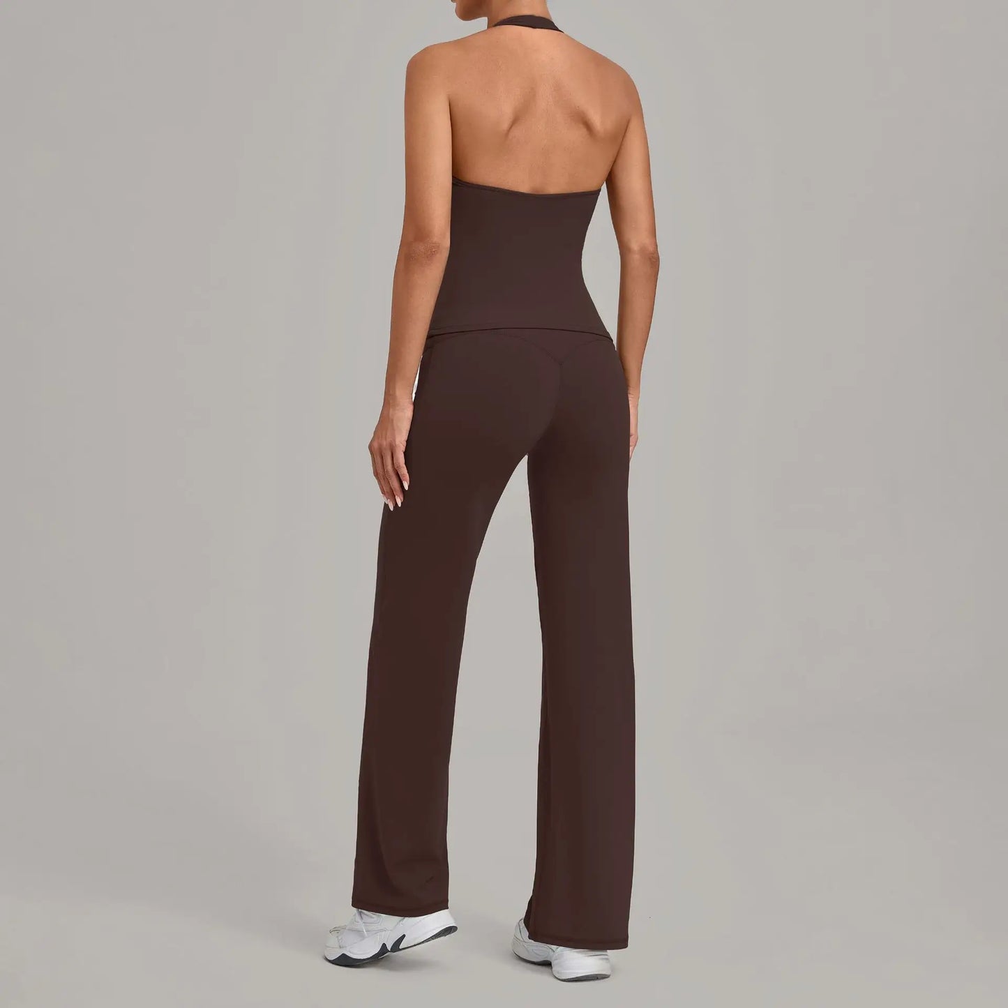 Women Halter V Neck 2Pcs Yoga Outfit Backless Crop Top High Waist Flare Pants Soft Stretch Workout Gym Pilates Casual Tracksuit