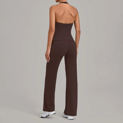 Women Halter V Neck 2Pcs Yoga Outfit Backless Crop Top High Waist Flare Pants Soft Stretch Workout Gym Pilates Casual Tracksuit
