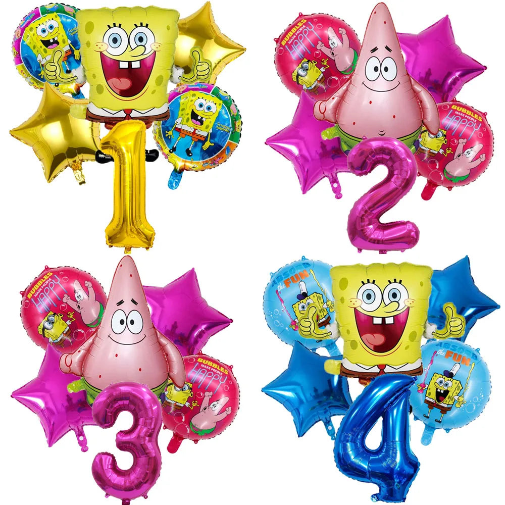 6Pcs SpongeBob Patrick Star Balloon set Birthday Party Golde Blue Numbers Balloons Boys Girls Baby Shower Party Supplies Gifts