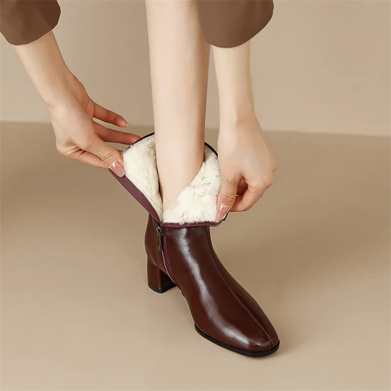 Meotina Women Genuine Leather Ankle Fur Wool Boots Round Toe Thick Mid Heel Zipper Ladies Fashion Short Boot Autumn Winter Shoes