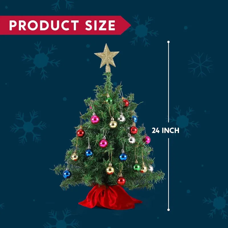 24''/2FT Mini Christmas Tree Tabletop Set with Clear LED Lights Artificial Mini Christmas Tree with Star Treetop and Hanging Ornaments, Best DIY Xmas Decorations (Storage Bag Included)