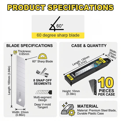22mm Wide Heavy Duty Extra Thick Utility Knife Blade 60° Tip Silver Alloy Steel Snap-off for DIY Cutting Replacement Blade